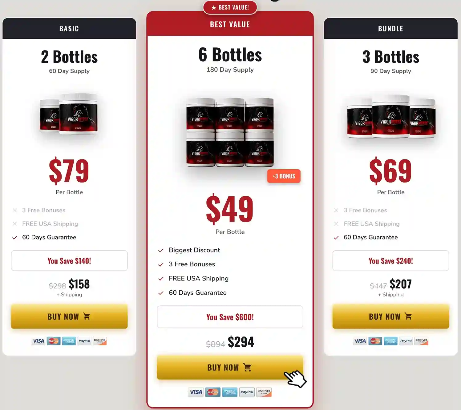 VigorHorse Pricing — 2 Bottles $79, 3 Bottles $69, 6 Bottles $49 Best Value
